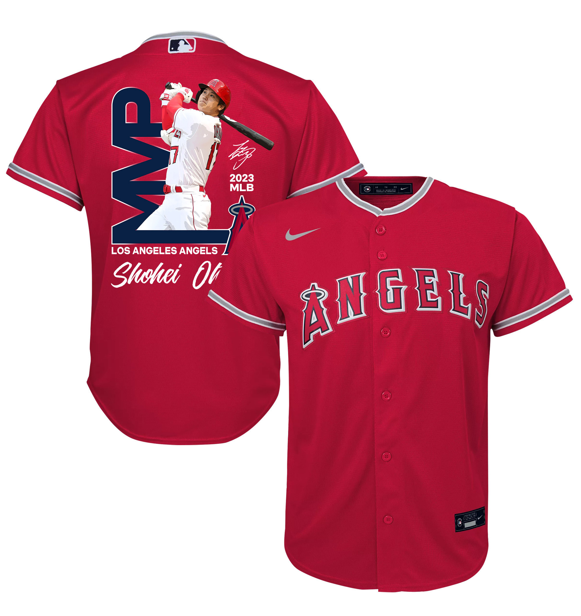 Shohei Ohtani 17 Los Angeles Angels Signed MVP 2023 Alternate Player Red MLB Jersey Youth