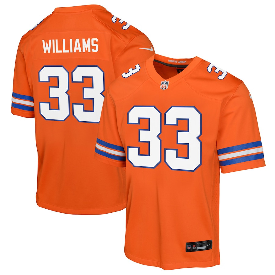 Javonte Williams 33 Denver Broncos Mile High Collection 1977 Throwback Game Orange NFL Jersey Youth