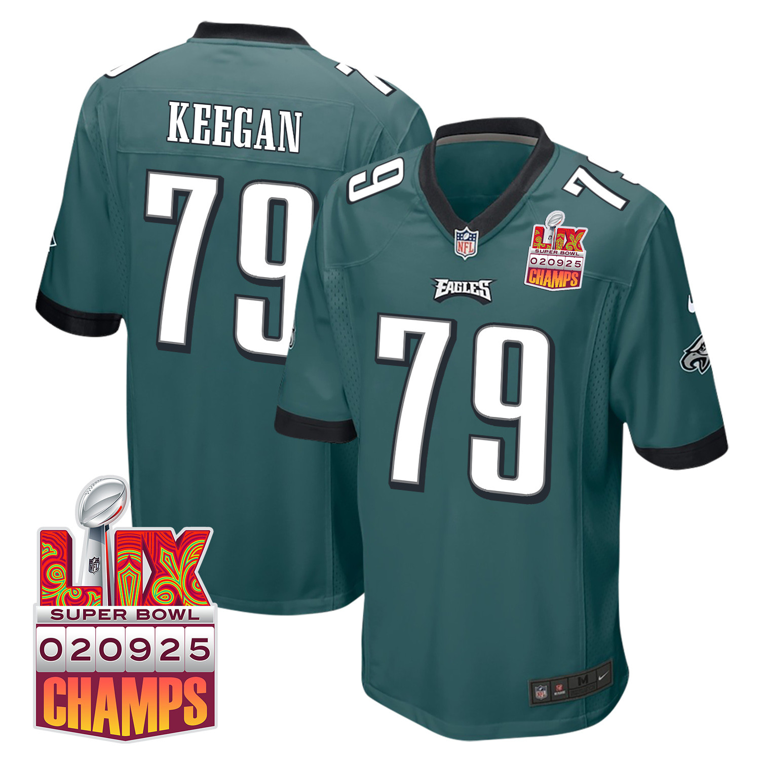 Trevor Keegan 79 Philadelphia Eagles Super Bowl LIX Champions Patch Game Midnight Green NFL Jersey Men's