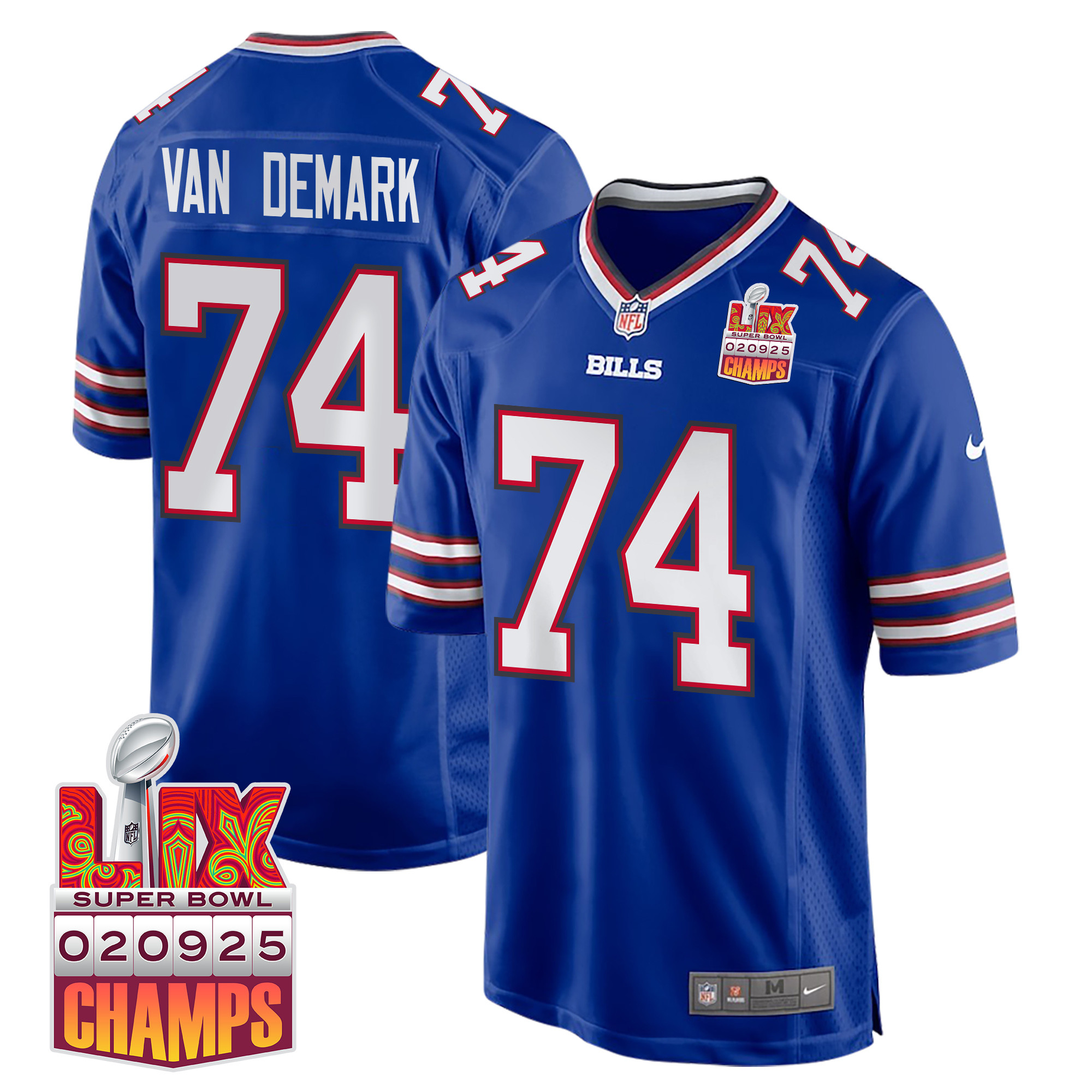 Ryan Van Demark 74 Buffalo Bills Super Bowl LIX Champions Patch Game Royal NFL Jersey Men's