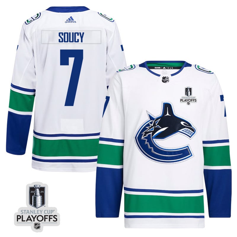 Carson Soucy 7 Vancouver Canucks 2024 Playoffs Patch Away White NHL Jersey Men's
