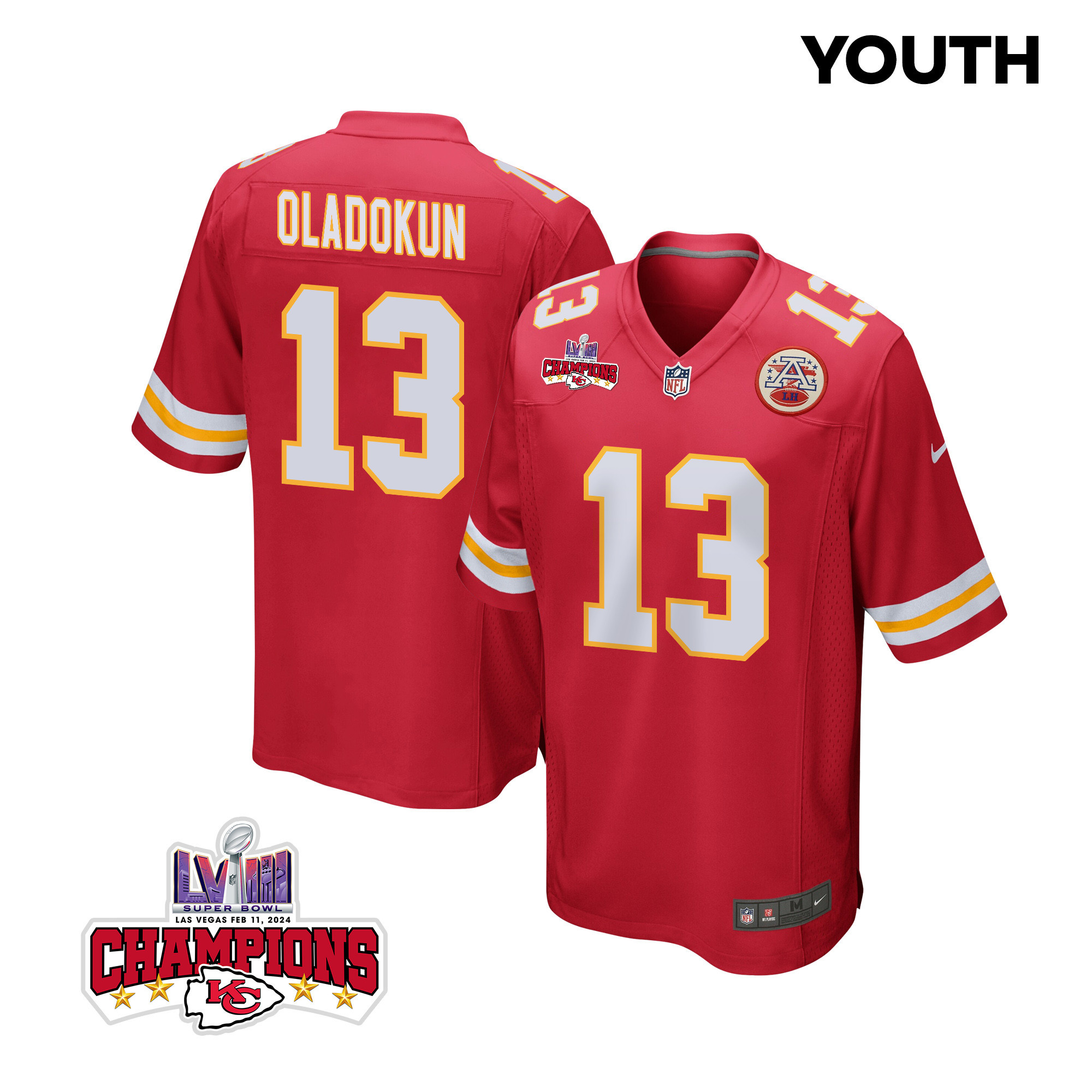 Chris Oladokun 13 Kansas City Chiefs Super Bowl LVIII Champions 4 Stars Patch Game Red NFL Jersey Youth