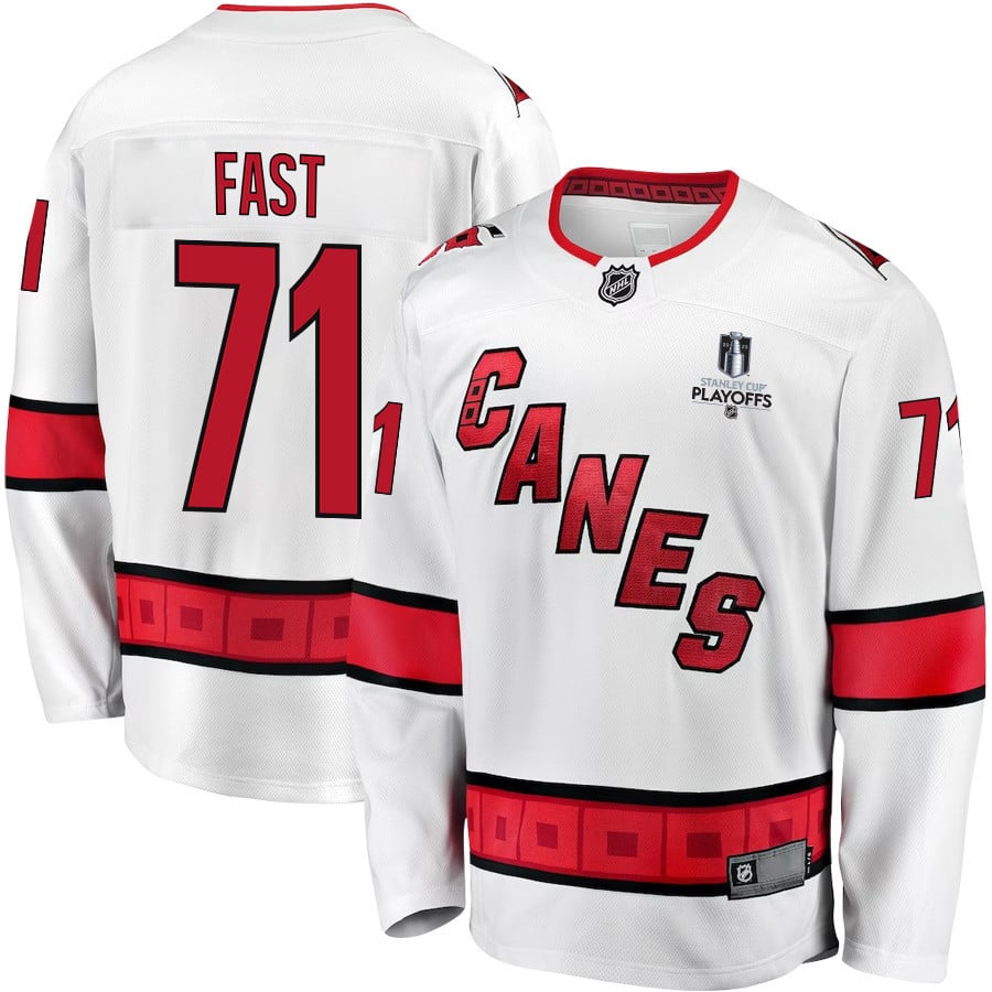 Jesper Fast 71 Carolina Hurricanes Stanley Cup 2023 Playoffs Patch Away Breakaway White NHL Jersey Men's