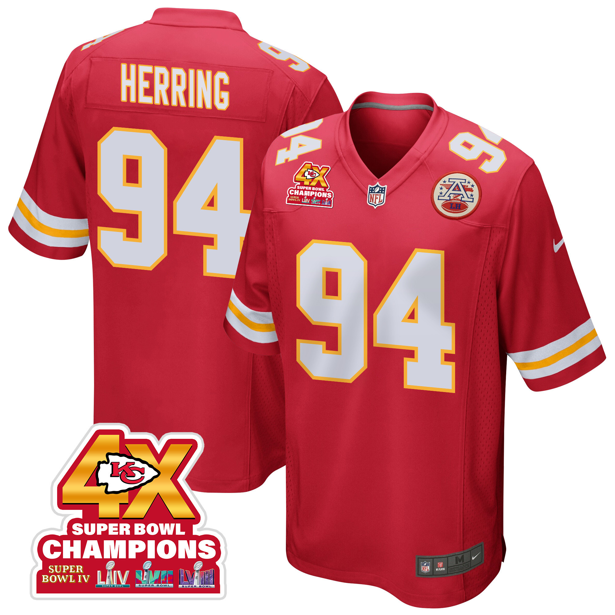 Malik Herring 94 Kansas City Chiefs Super Bowl LVIII Champions 4X Game Red NFL Jersey Men's