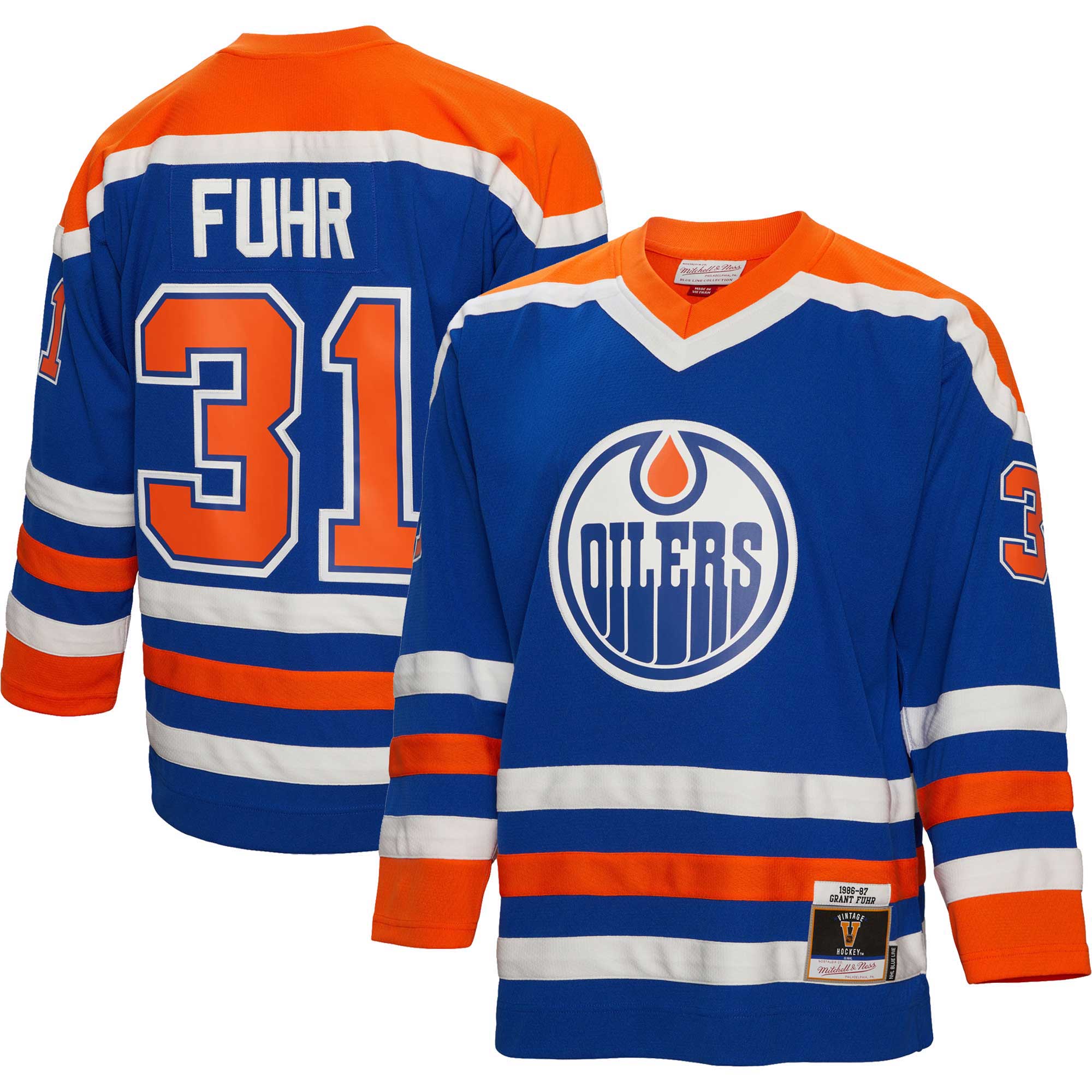 Edmonton Oilers Grant Fuhr Mitchell Ness Royal 1986/87 Blue Line Player NHL Jersey Men's
