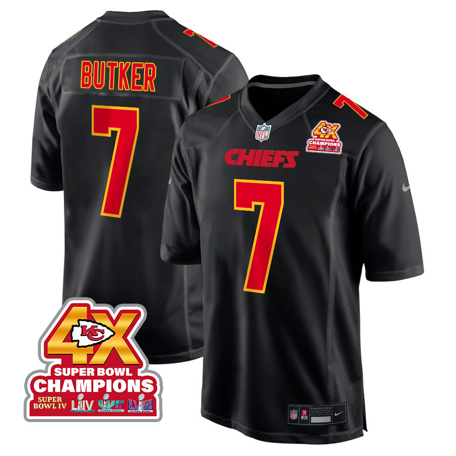 Harrison Butker 7 Kansas City Chiefs Super Bowl LVIII Champions 4X Fashion Game Carbon Black NFL Jersey Men's