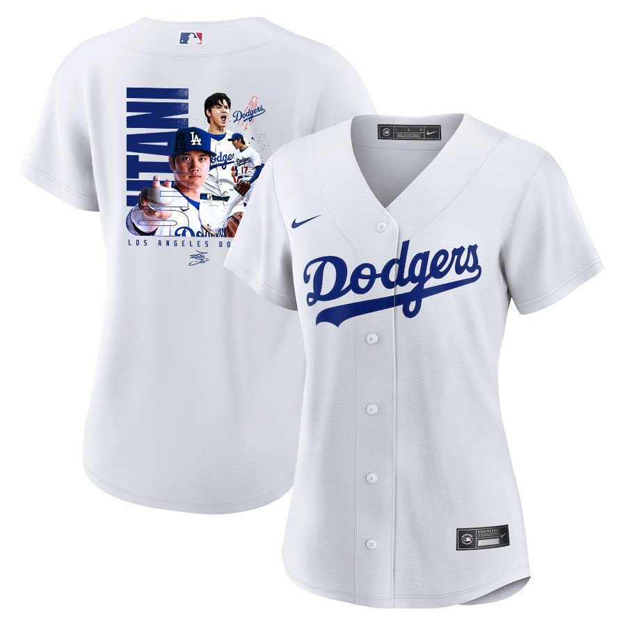 Shohei Ohtani 17 Los Angeles Dodgers Signed Name 2023 Home White MLB Jersey Women's