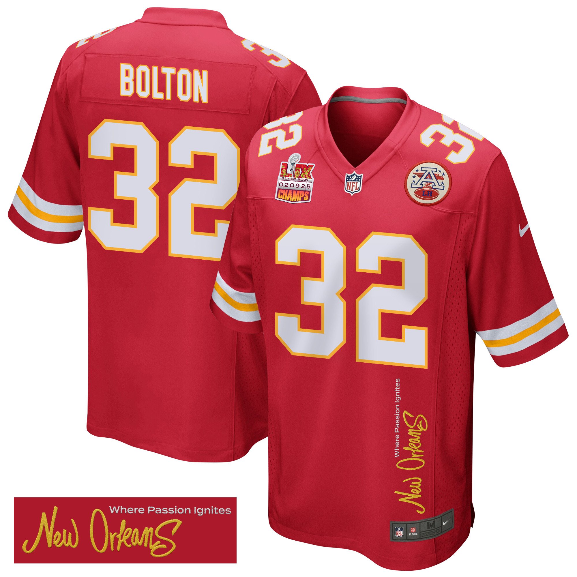 Nick Bolton 32 Kansas City Chiefs Super Bowl LIX Champions Patch New Orleans Where Passion Ignites' EMBROIDERED Game Red NFL Jersey Men's