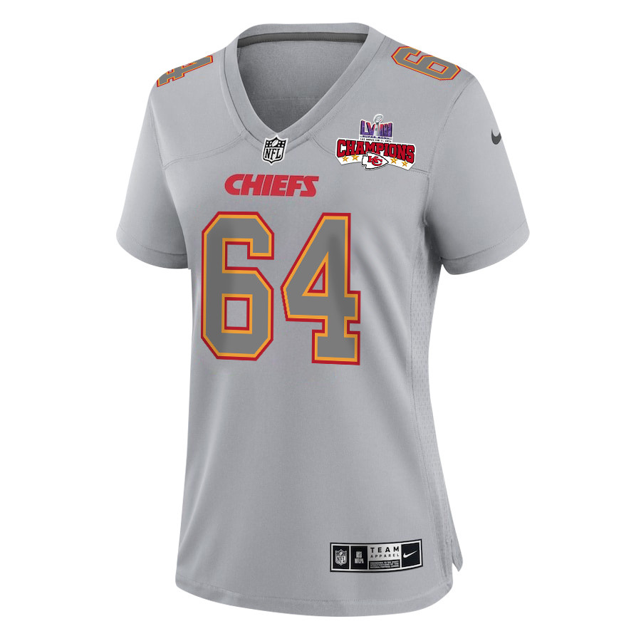Wanya Morris 64 Kansas City Chiefs Super Bowl LVIII Champions 4 Stars Patch Atmosphere Fashion Game Gray NFL Jersey Women's