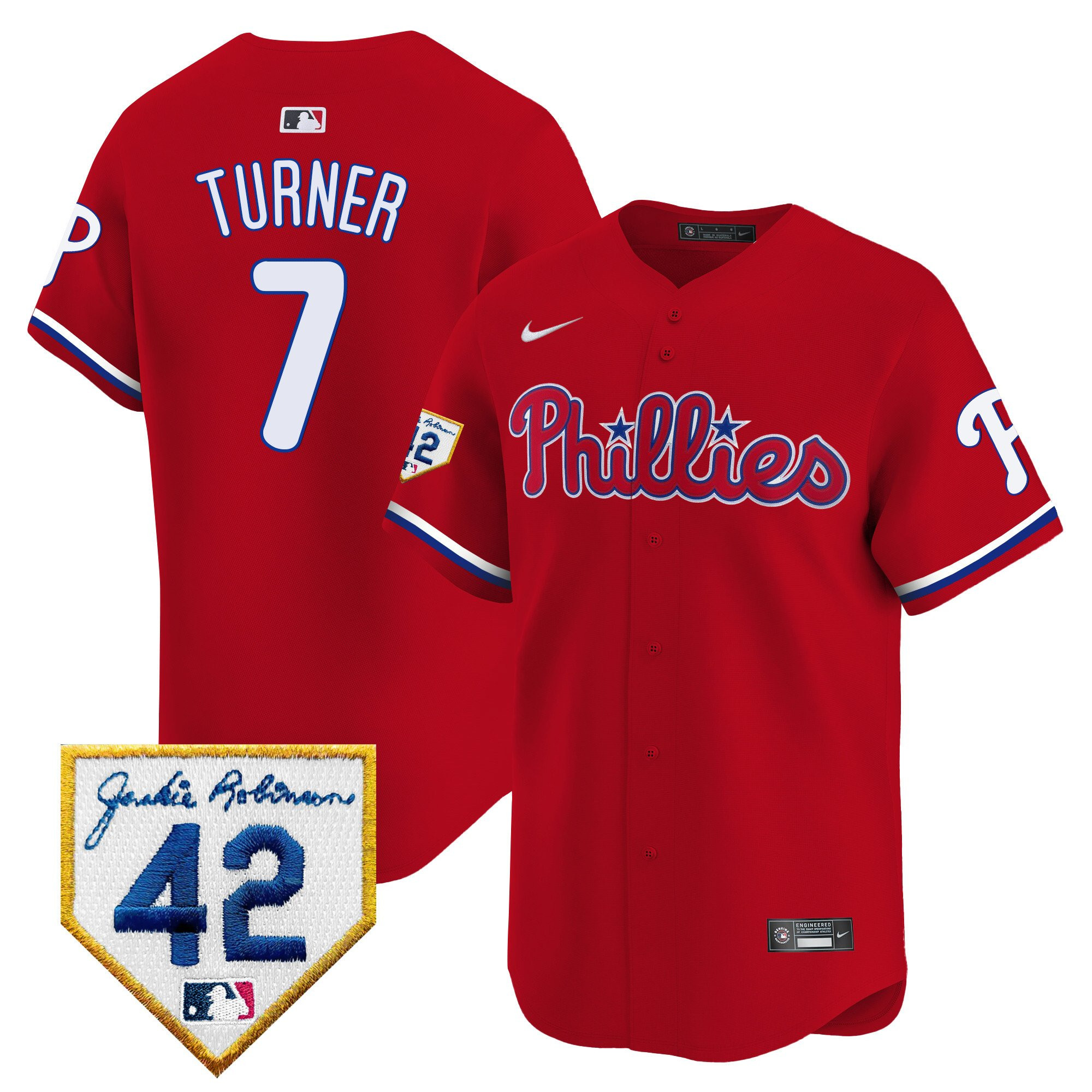 Trea Turner 7 Philadelphia Phillies 2024 Jackie Robinson Patch Red MLB Jersey Men's