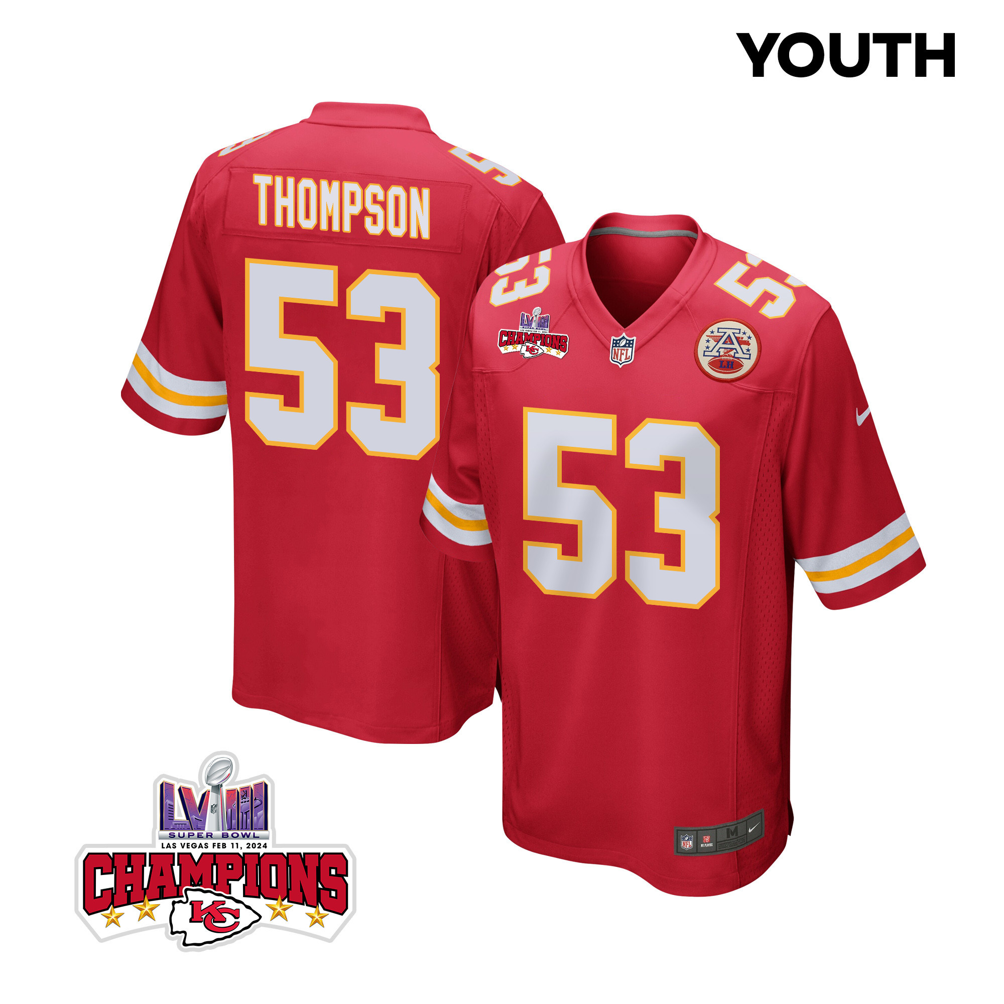 BJ Thompson 53 Kansas City Chiefs Super Bowl LVIII Champions 4 Stars Patch Game Red NFL Jersey Youth