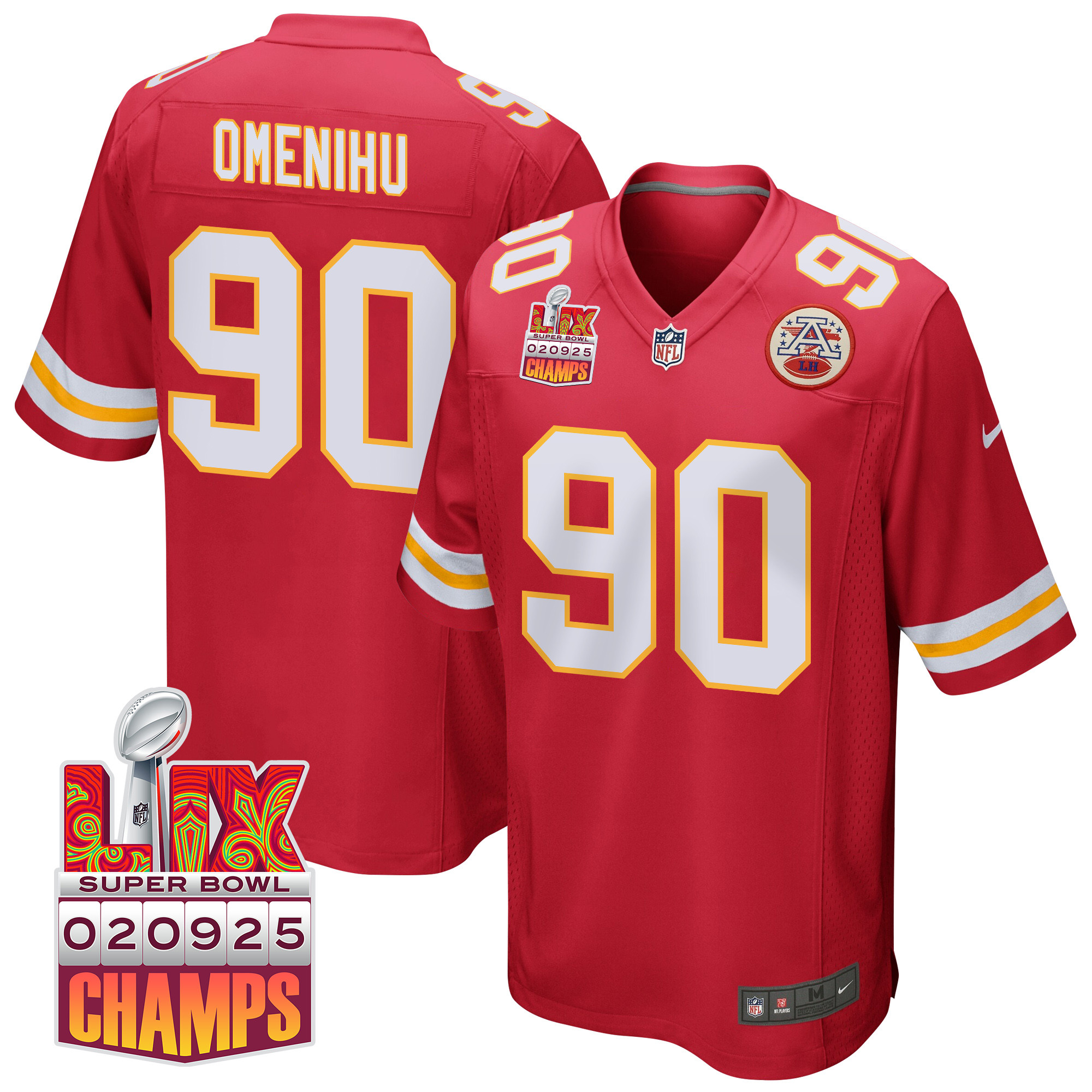 Charles Omenihu 90 Kansas City Chiefs Super Bowl LIX Champions Patch Game Red NFL Jersey Men's