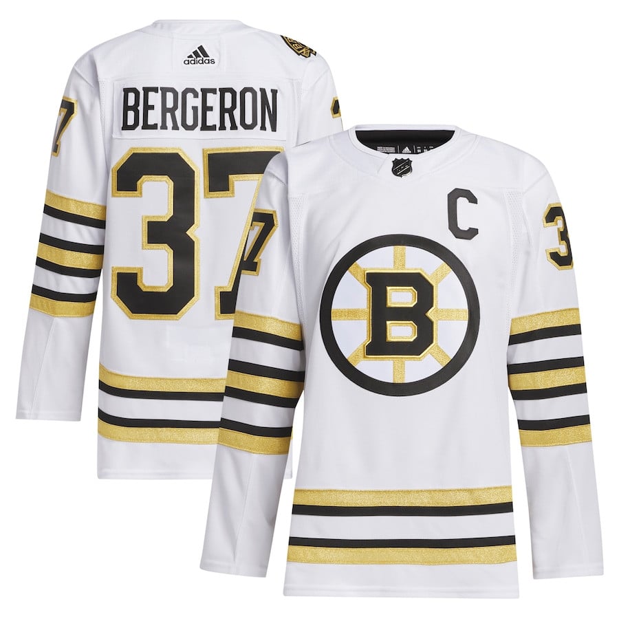 Patrice Bergeron 37 Boston Bruins 100th Anniversary Primegreen Away White NHL Jersey Men's