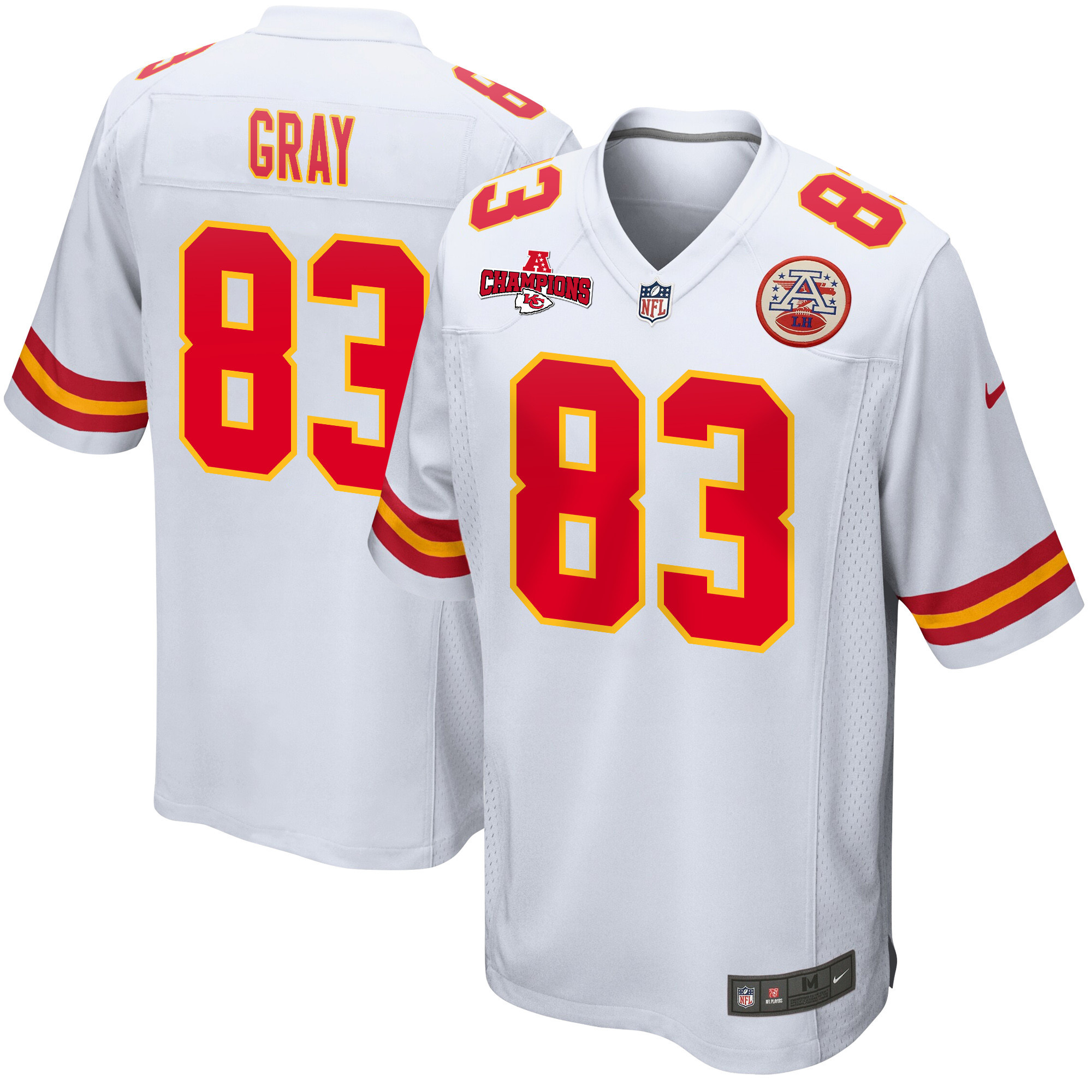 Noah Gray 83 Kansas City Chiefs AFC Champions Patch Game White NFL Jersey Men's