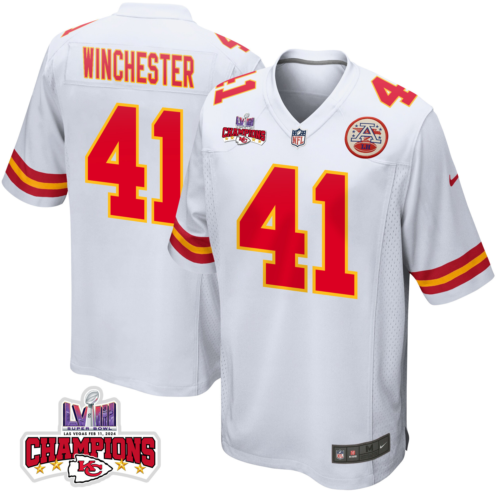 James Winchester 41 Kansas City Chiefs Super Bowl LVIII Champions 4 Stars Patch Game White NFL Jersey Men's