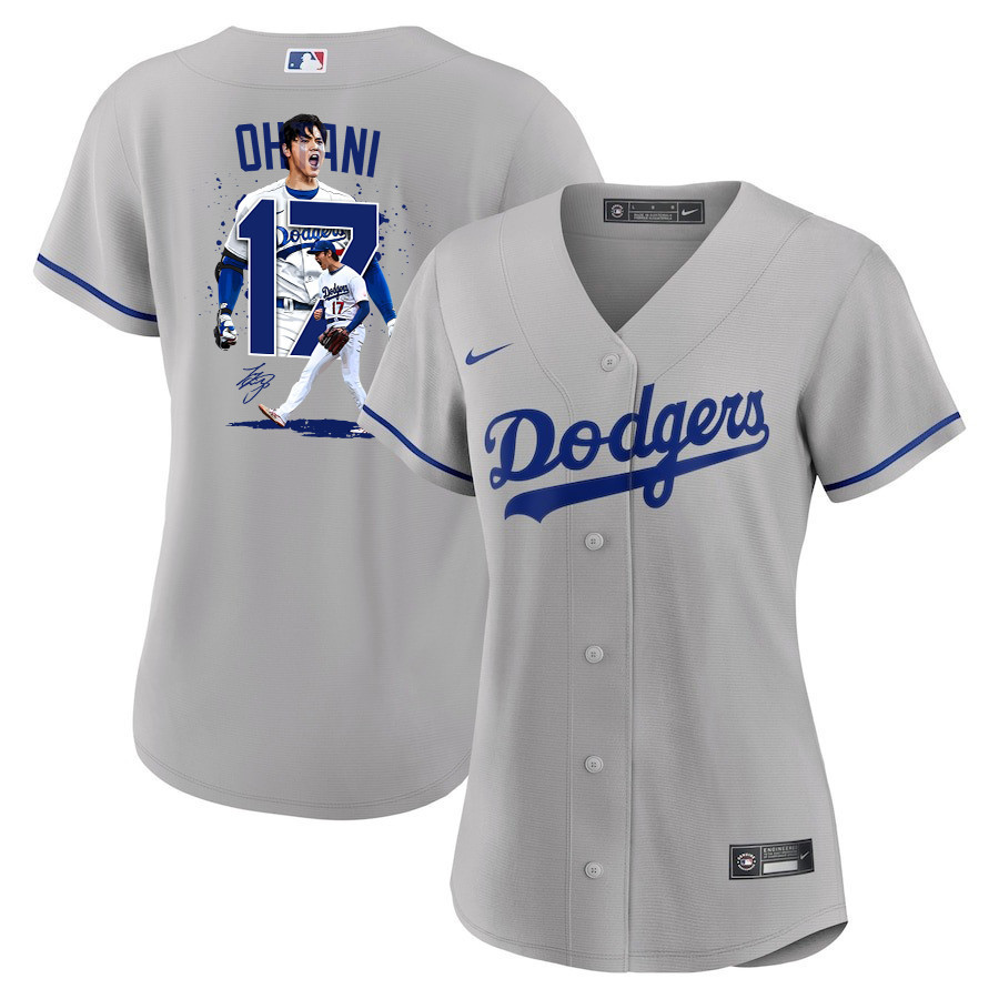 Shohei Ohtani 17 Los Angeles Dodgers Signed Number 2023 Road Gray MLB Jersey Women's
