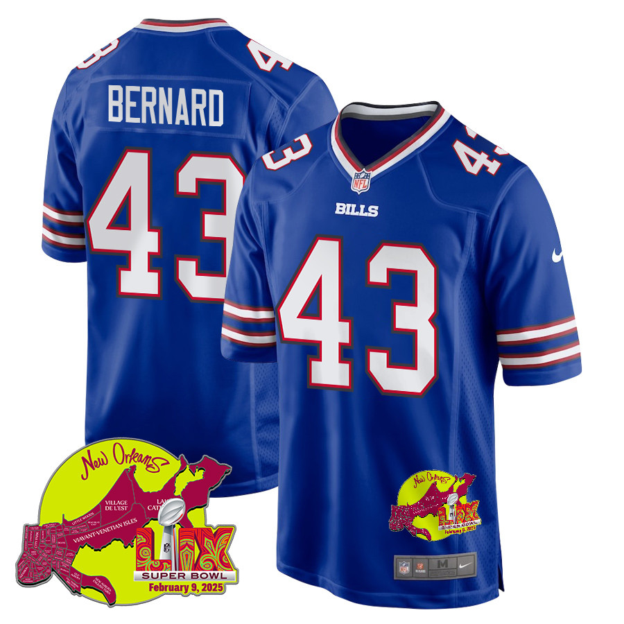 Terrel Bernard 43 Buffalo Bills Super Bowl LIX New Orleans Patch Game Royal NFL Jersey Men's