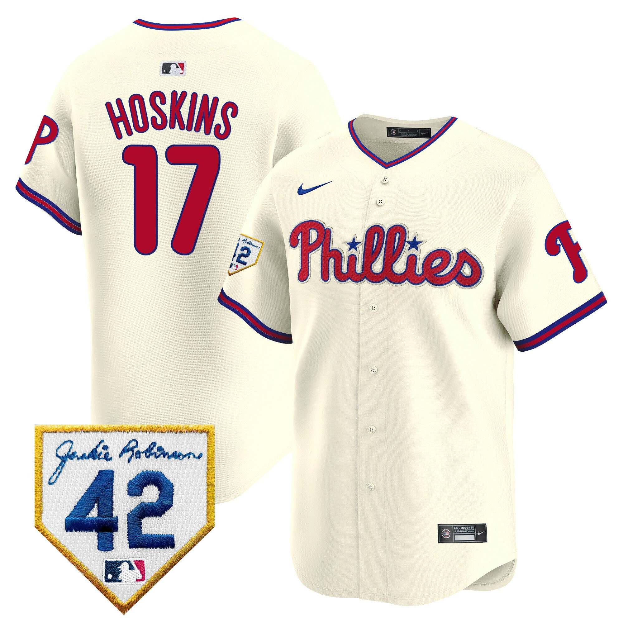 Rhys Hoskins 17 Philadelphia Phillies 2024 Jackie Robinson Patch Cream MLB Jersey Men's
