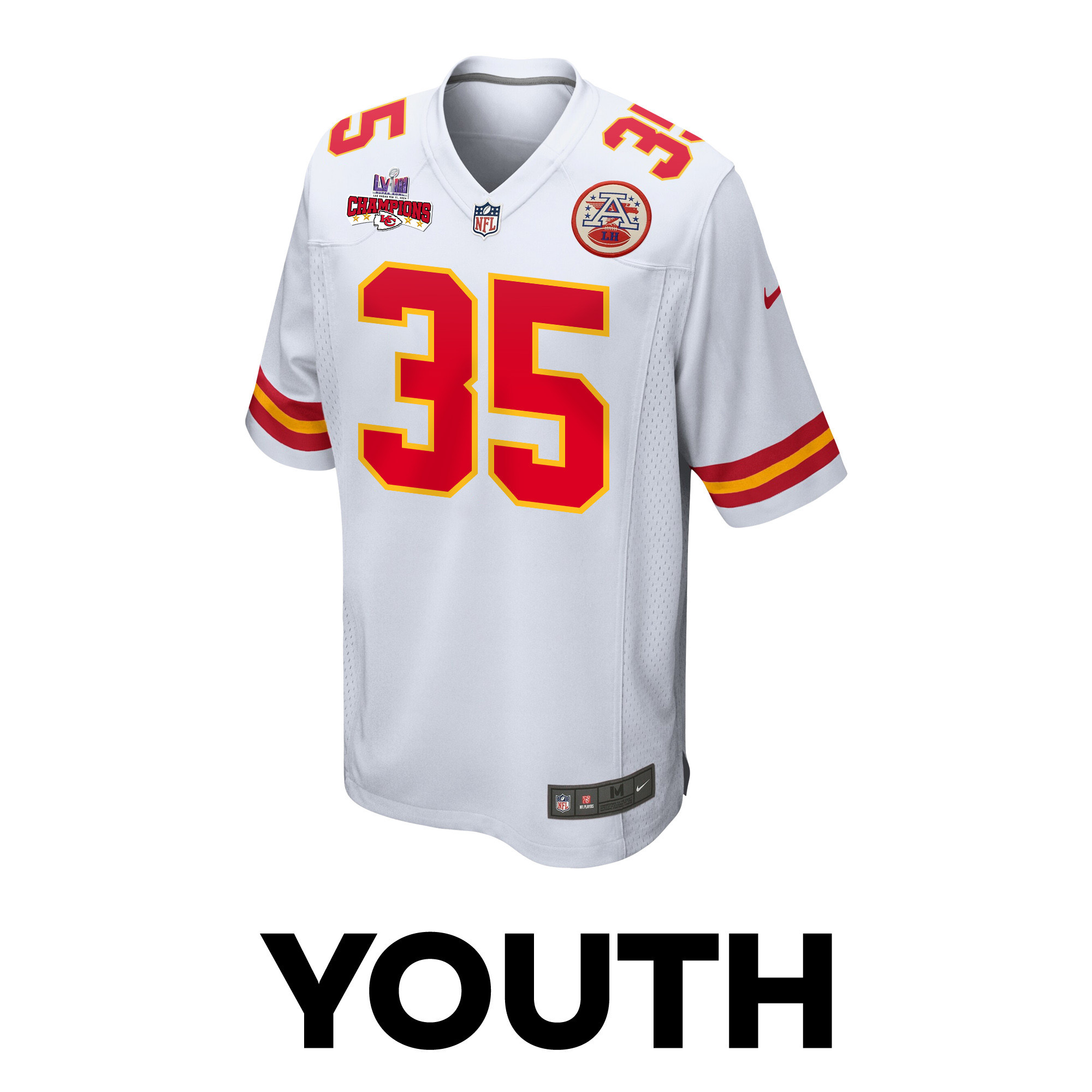 Jaylen Watson 35 Kansas City Chiefs Super Bowl LVIII Champions 4 Stars Patch Game White NFL Jersey Youth