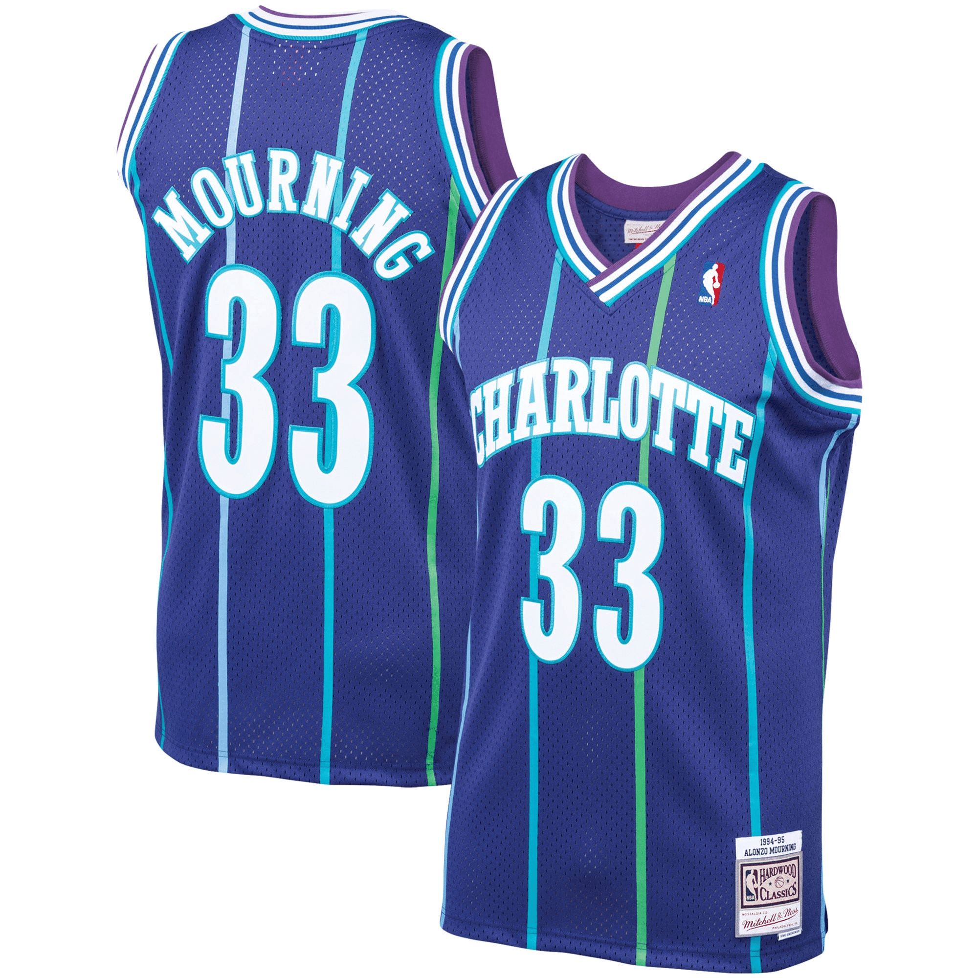 Alonzo Mourning Charlotte Hornets Mitchell Ness 1994-95 Hardwood Classics Swingman Purple NBA Jersey Men's