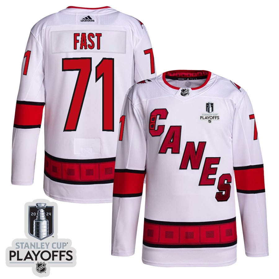 Jesper Fast 71 Carolina Hurricanes 2024 Playoffs Patch Away White NHL Jersey Men's