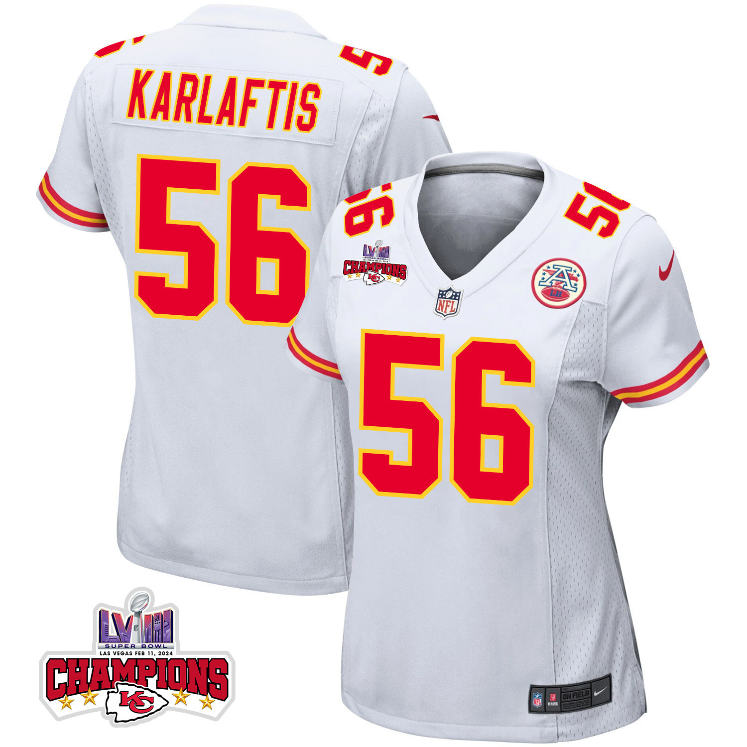 George Karlaftis 56 Kansas City Chiefs Super Bowl LVIII Champions 4 Stars Patch Game White NFL Jersey Women's