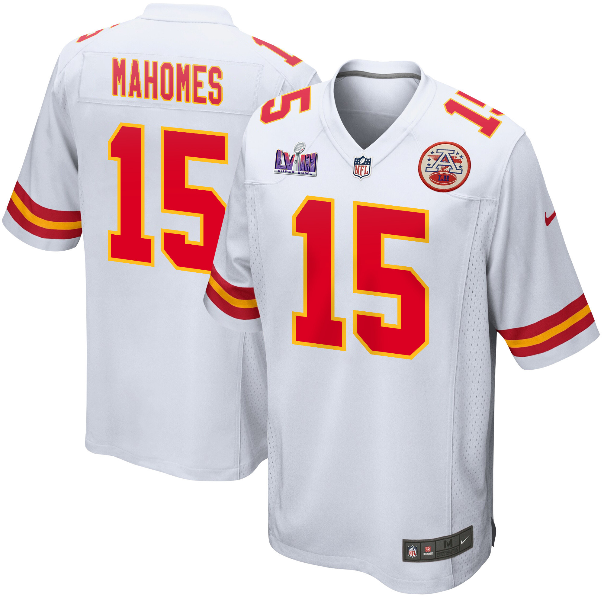 Patrick Mahomes 15 Kansas City Chiefs Super Bowl LVIII Patch Game White NFL Jersey Men's