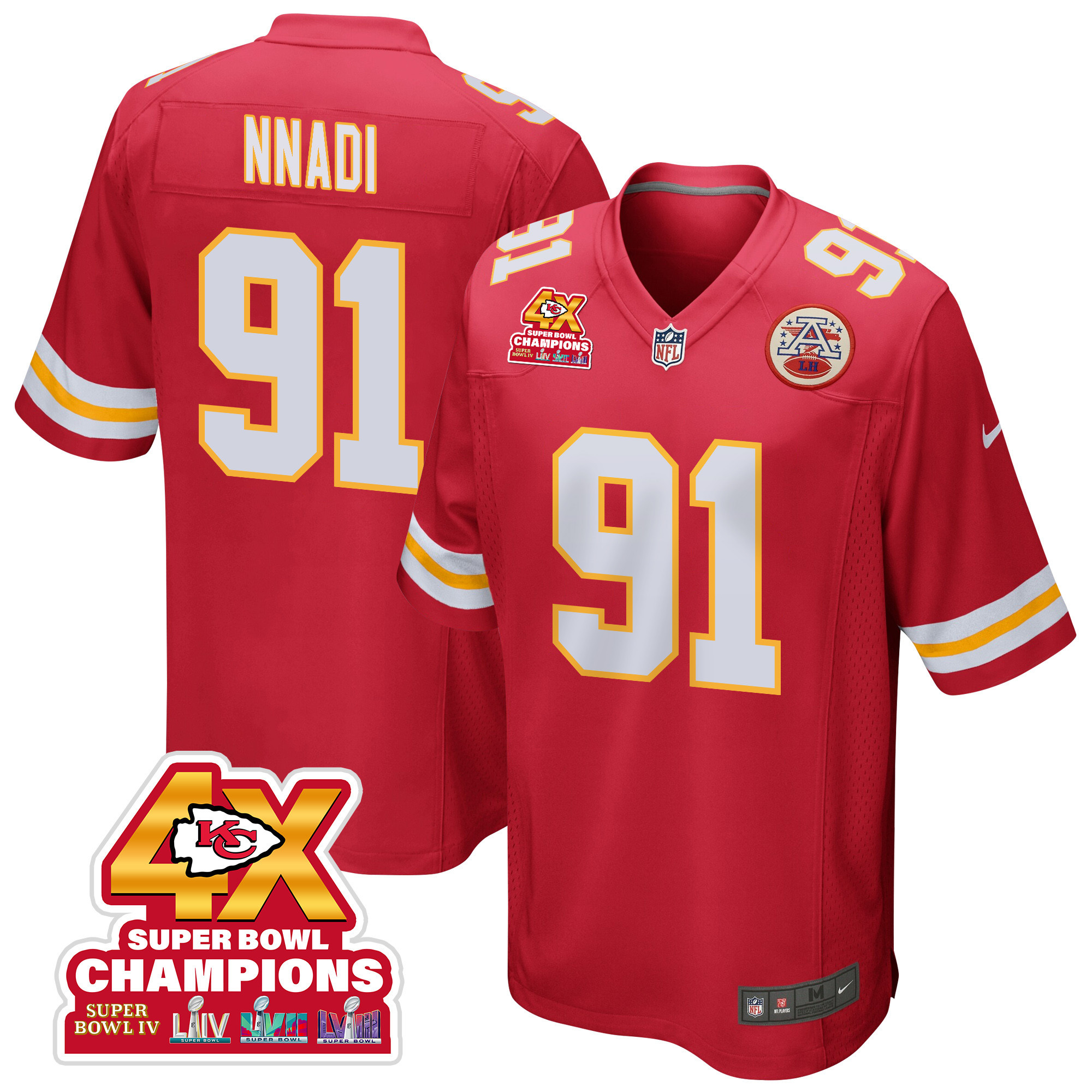 Derrick Nnadi 91 Kansas City Chiefs Super Bowl LVIII Champions 4X Game Red NFL Jersey Men's