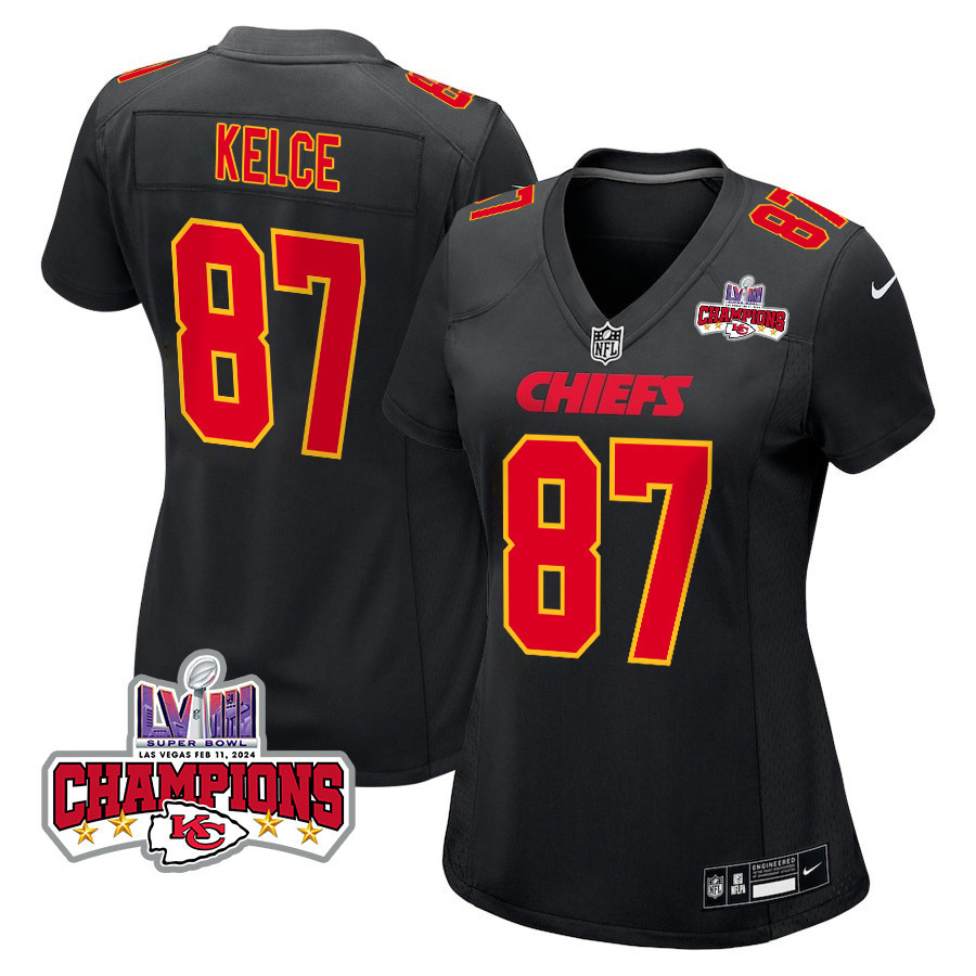 Travis Kelce 87 Kansas City Chiefs Super Bowl LVIII Champions 4 Stars Patch Fashion Game Carbon Black NFL Jersey Women's