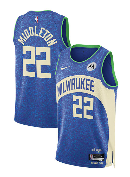 Khris Middleton 22 Milwaukee Bucks 2023/24 Swingman City Editio Unisex Blue NBA Jersey Unisex