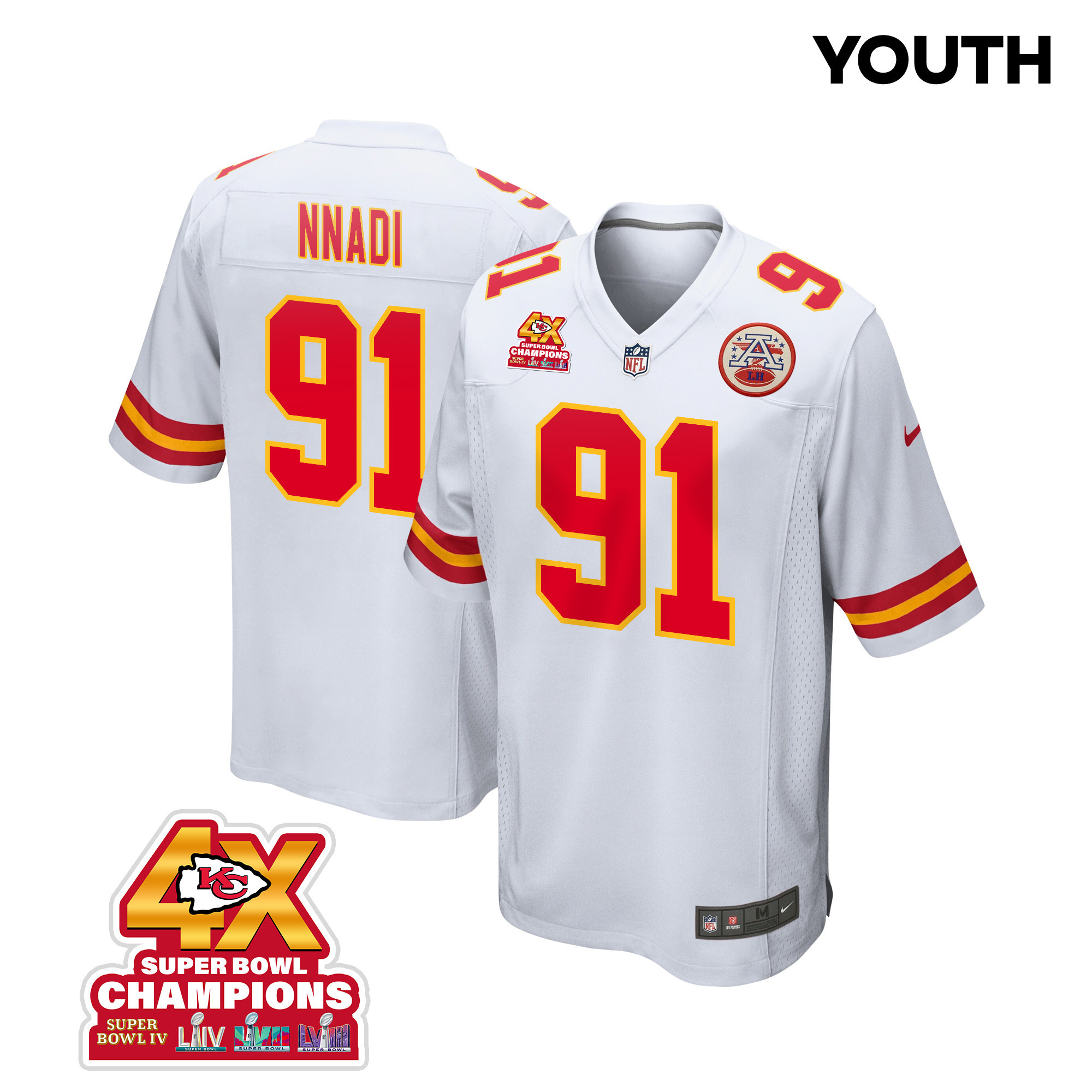 Derrick Nnadi 91 Kansas City Chiefs Super Bowl LVIII Champions 4X Game White NFL Jersey Youth