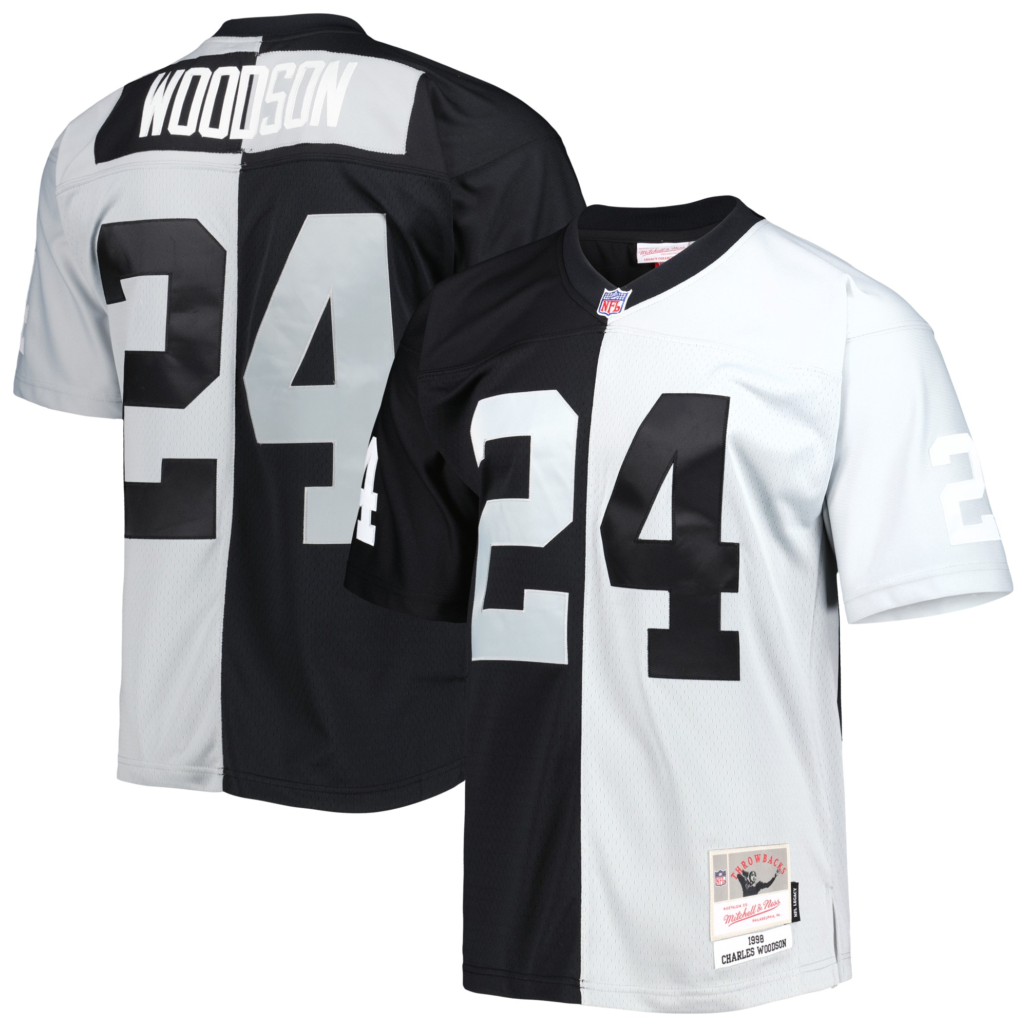 Las Vegas Raiders Charles Woodson Mitchell Ness Black/Silver 1998 Split Legacy NFL Jersey Men's