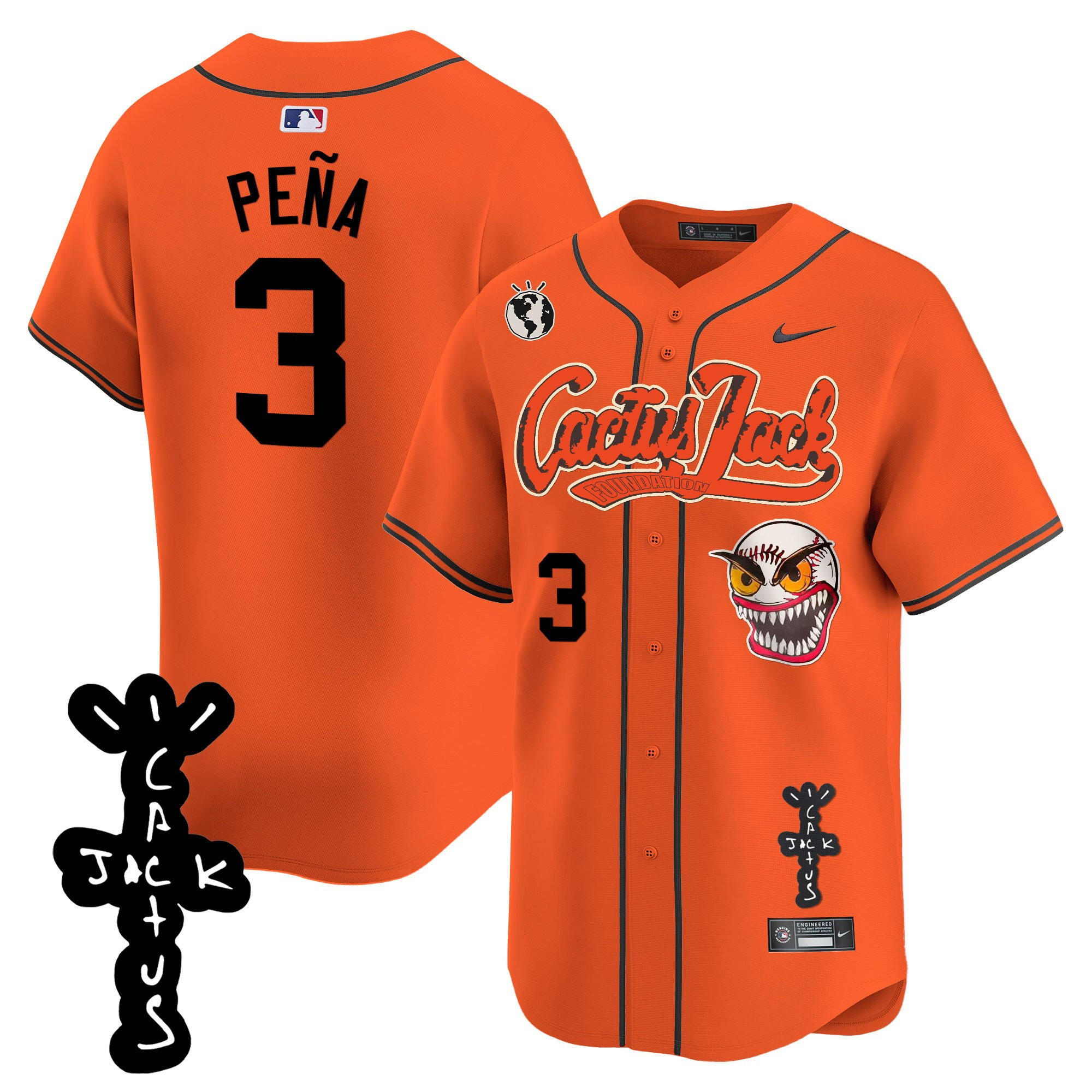 Jeremy Pena 3 Houston Astros Cactus Jack Patch V2 Orange MLB Jersey Men's