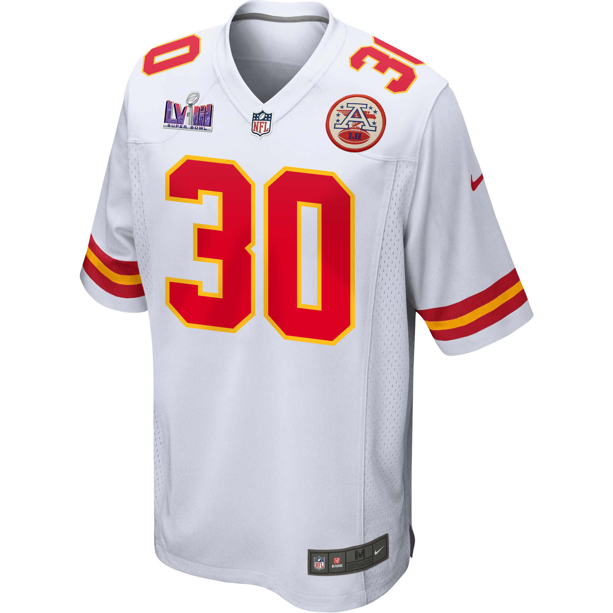 Keaontay Ingram 30 Kansas City Chiefs Super Bowl LVIII Patch Game White NFL Jersey Men's