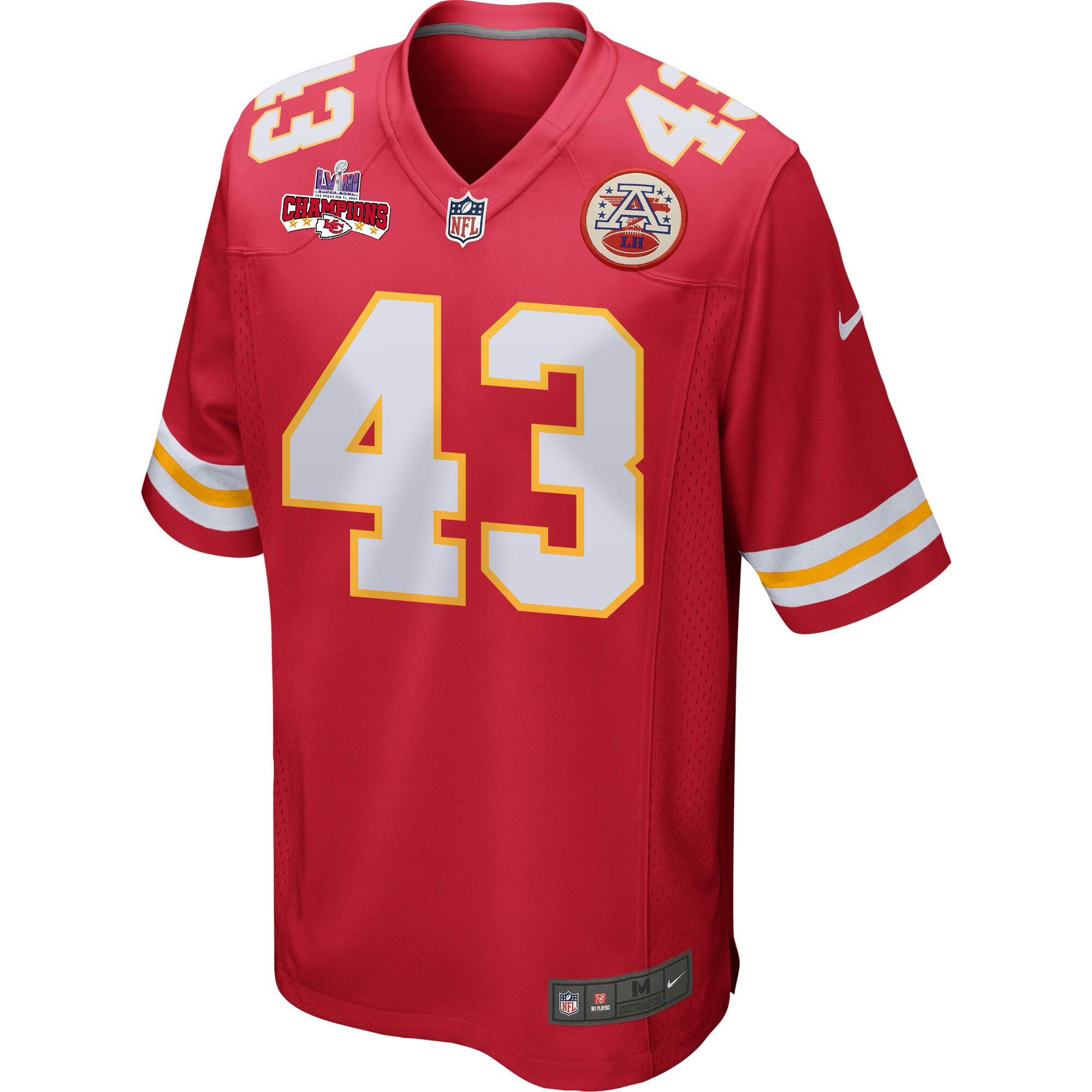 Jack Cochrane 43 Kansas City Chiefs Super Bowl LVIII Champions 4 Stars Patch Game Red NFL Jersey Men's