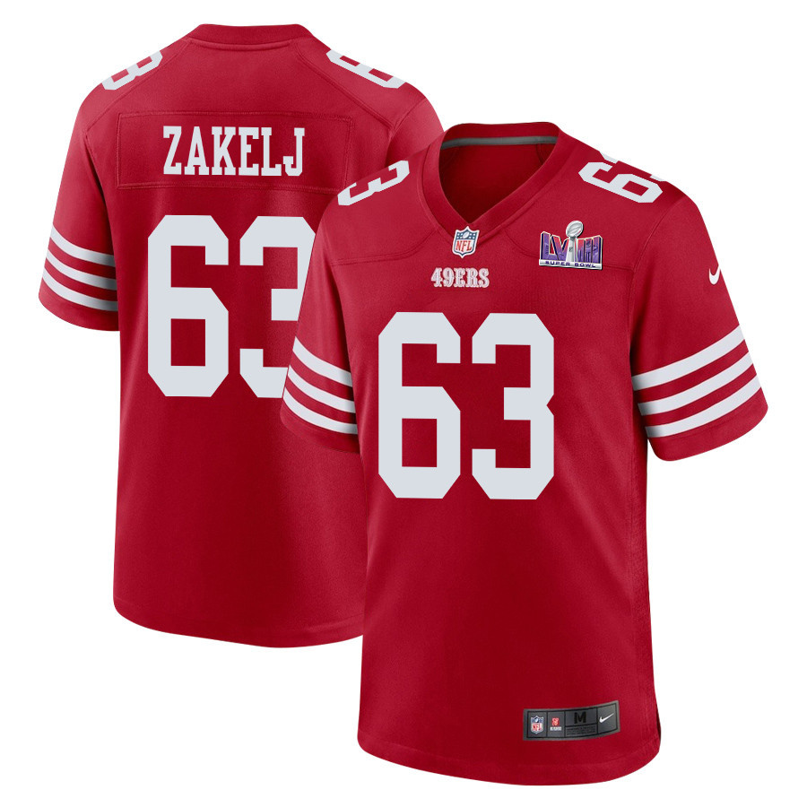 Nick Zakelj 63 San Francisco 49ers Super Bowl LVIII Patch Game Scarlet NFL Jersey Men's