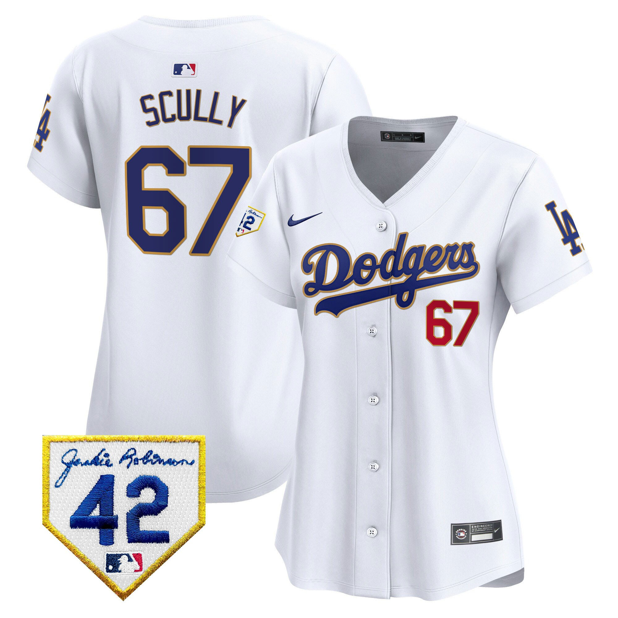 Vin Scully 67 Los Angeles Dodgers 2024 Jackie Robinson Patch White MLB Jersey Women's