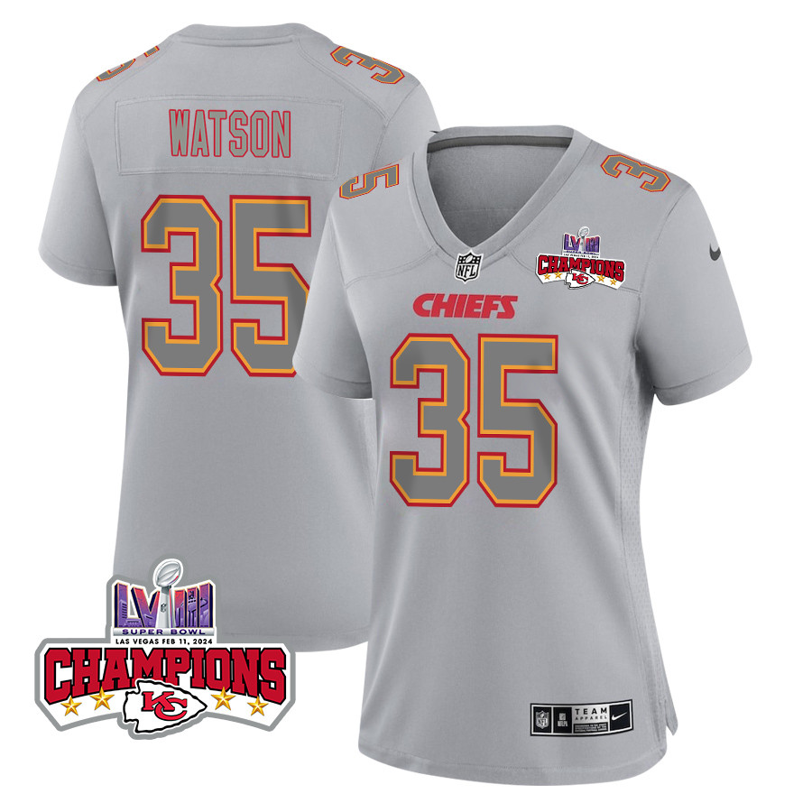 Jaylen Watson 35 Kansas City Chiefs Super Bowl LVIII Champions 4 Stars Patch Atmosphere Fashion Game Gray NFL Jersey Women's