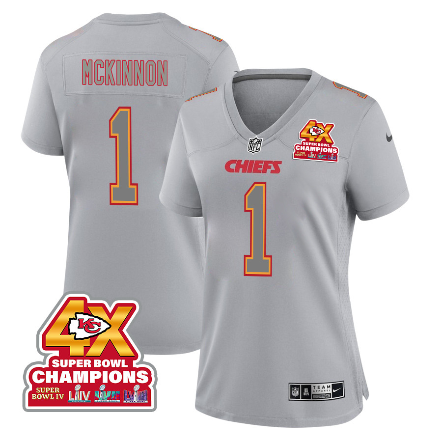 Jerick McKinnon 1 Kansas City Chiefs Super Bowl LVIII Champions 4X Atmosphere Fashion Game Gray NFL Jersey Women's