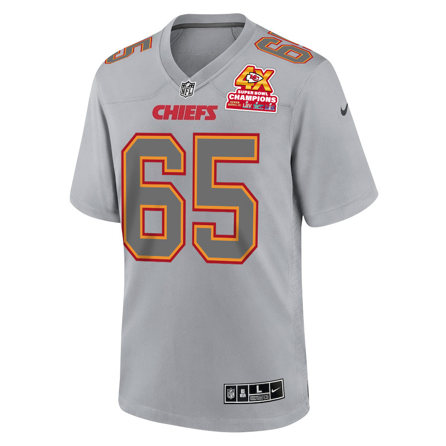 Trey Smith 65 Kansas City Chiefs Super Bowl LVIII Champions 4X Atmosphere Fashion Game Gray NFL Jersey Men's