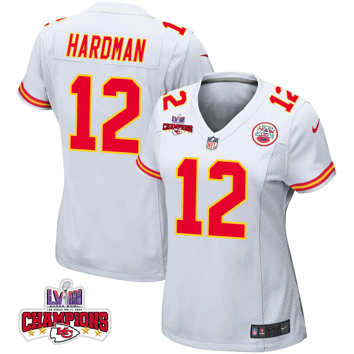 Mecole Hardman 12 Kansas City Chiefs Super Bowl LVIII Champions 4 Stars Patch Game White NFL Jersey Women's