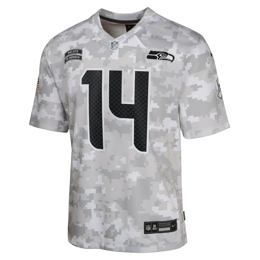 DK Metcalf 14 Seattle Seahawks 2024 Salute to Service Game Arctic Camo NFL Jersey Youth