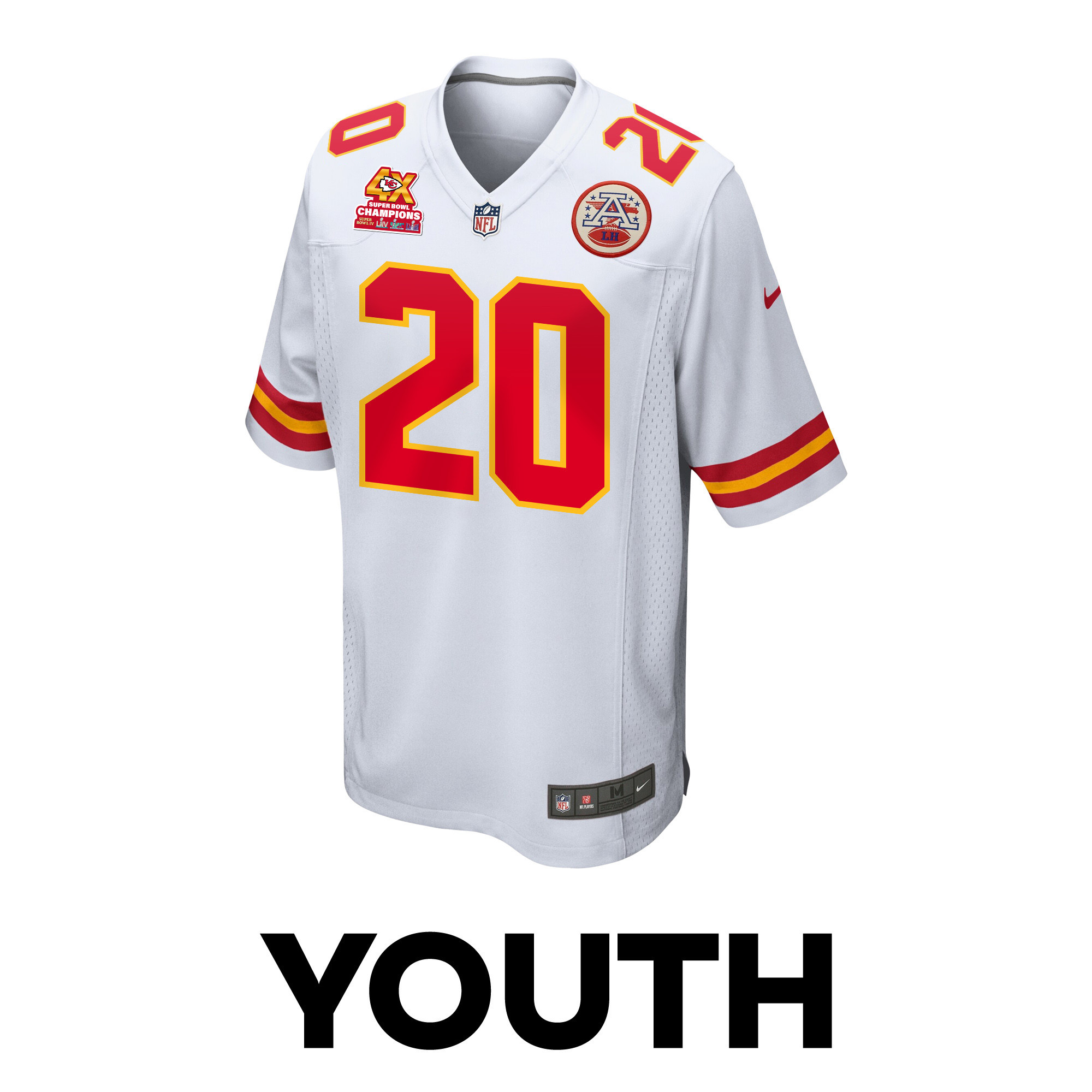 Justin Reid 20 Kansas City Chiefs Super Bowl LVIII Champions 4X Game White NFL Jersey Youth
