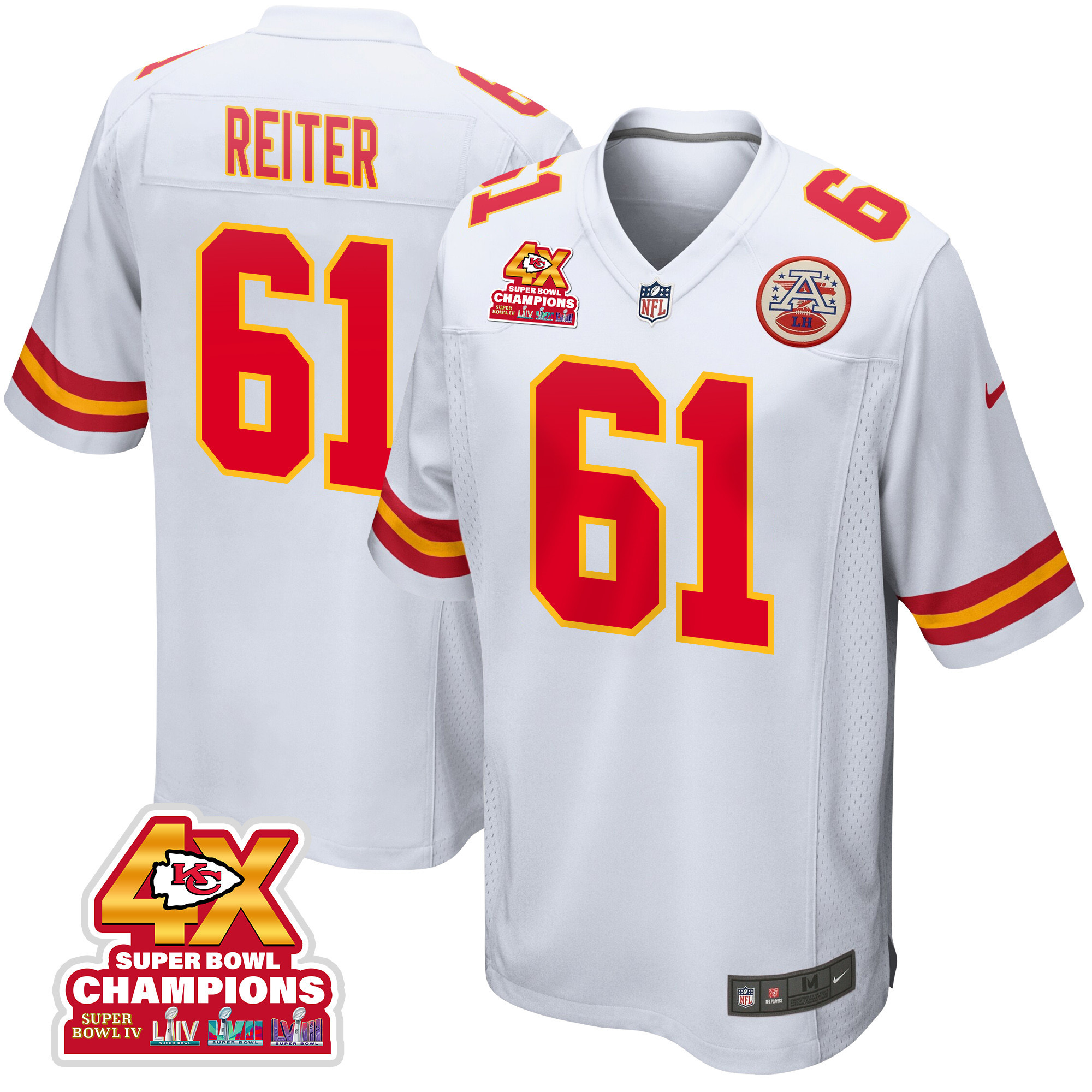 Austin Reiter 61 Kansas City Chiefs Super Bowl LVIII Champions 4X Game White NFL Jersey Men's