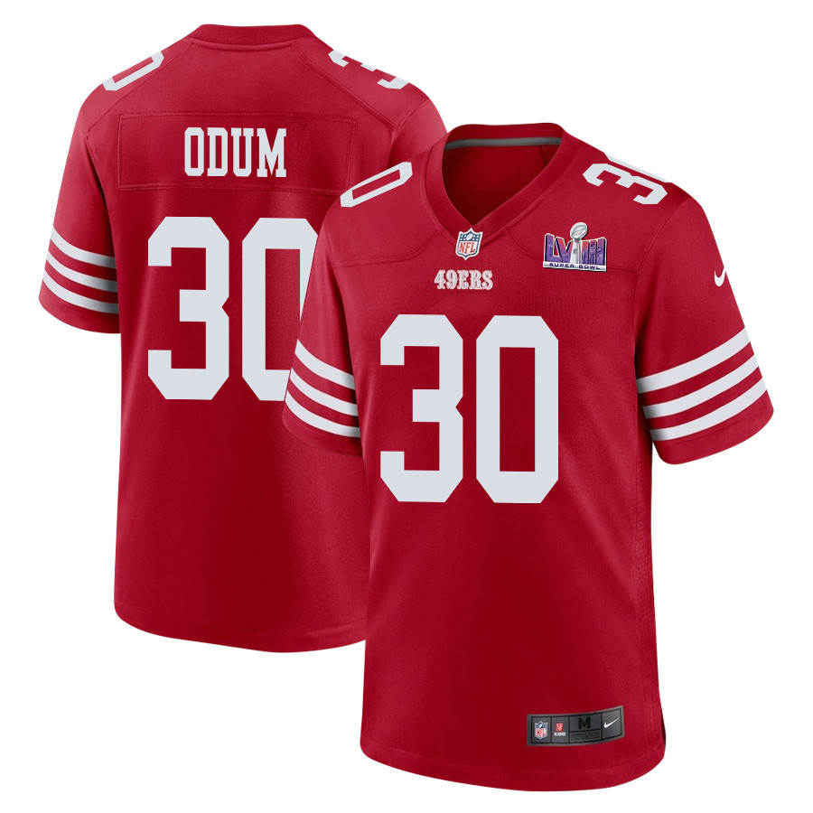 George Odum 30 San Francisco 49ers Super Bowl LVIII Patch Game Scarlet NFL Jersey Men's