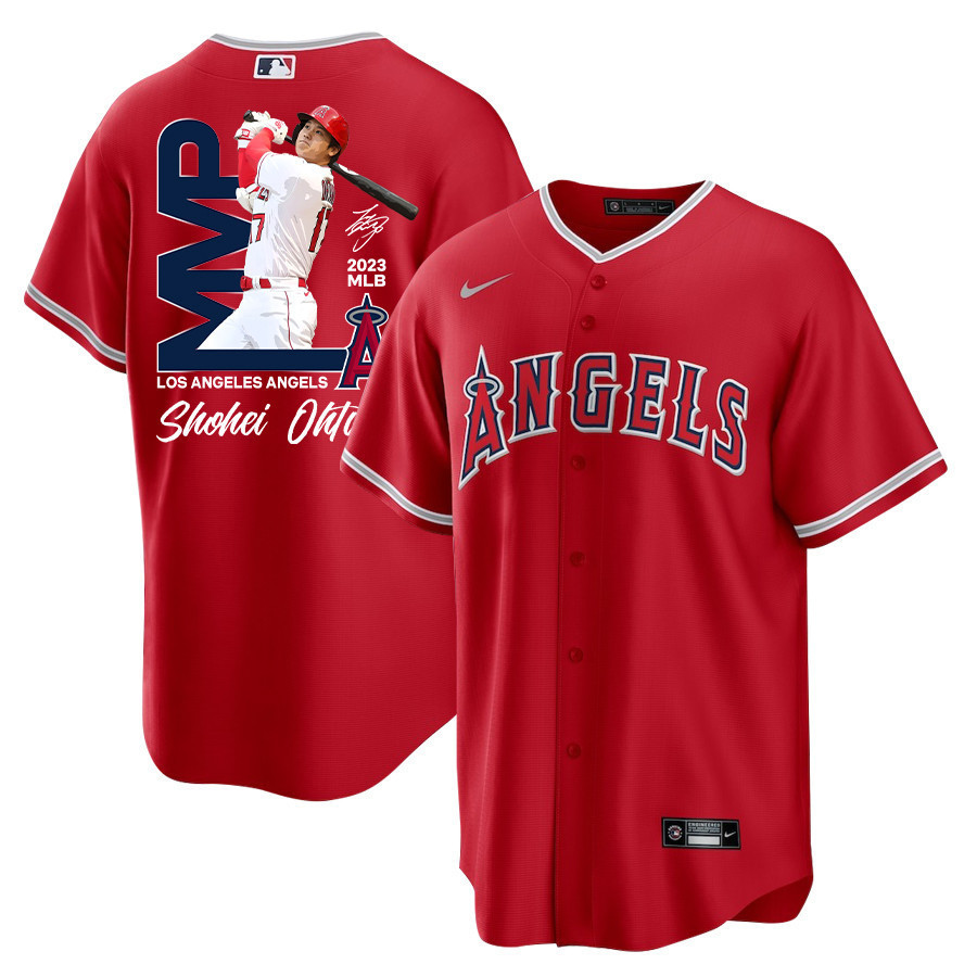 Shohei Ohtani 17 Los Angeles Angels Signed MVP 2023 Alternate Player Red MLB Jersey Men's