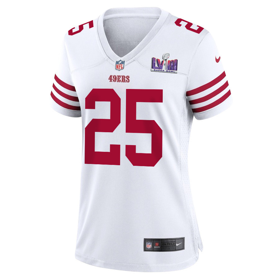 Elijah Mitchell 25 San Francisco 49ers Super Bowl LVIII Patch Game White NFL Jersey Women's