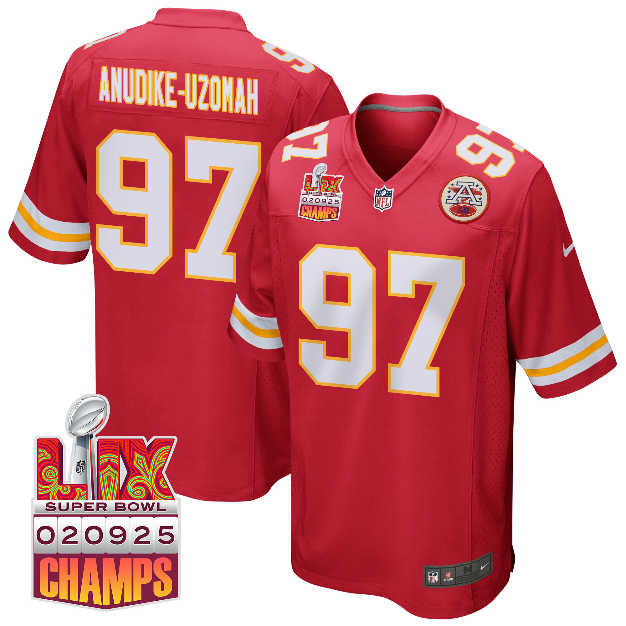 Felix Anudike-Uzomah 97 Kansas City Chiefs Super Bowl LIX Champions Patch Game Red NFL Jersey Men's