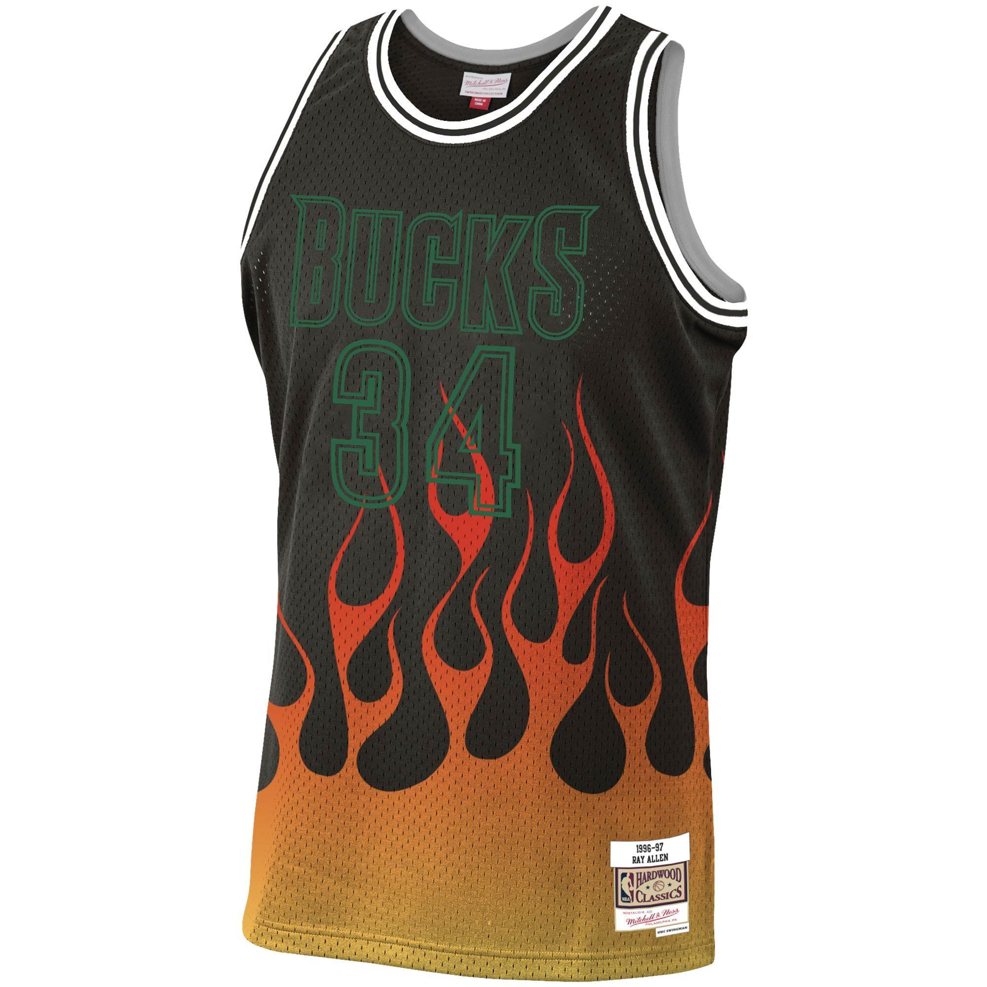 Ray Allen Milwaukee Bucks Mitchell Ness 1996-97 Hardwood Classics Flames Swingman Black NBA Jersey Men's