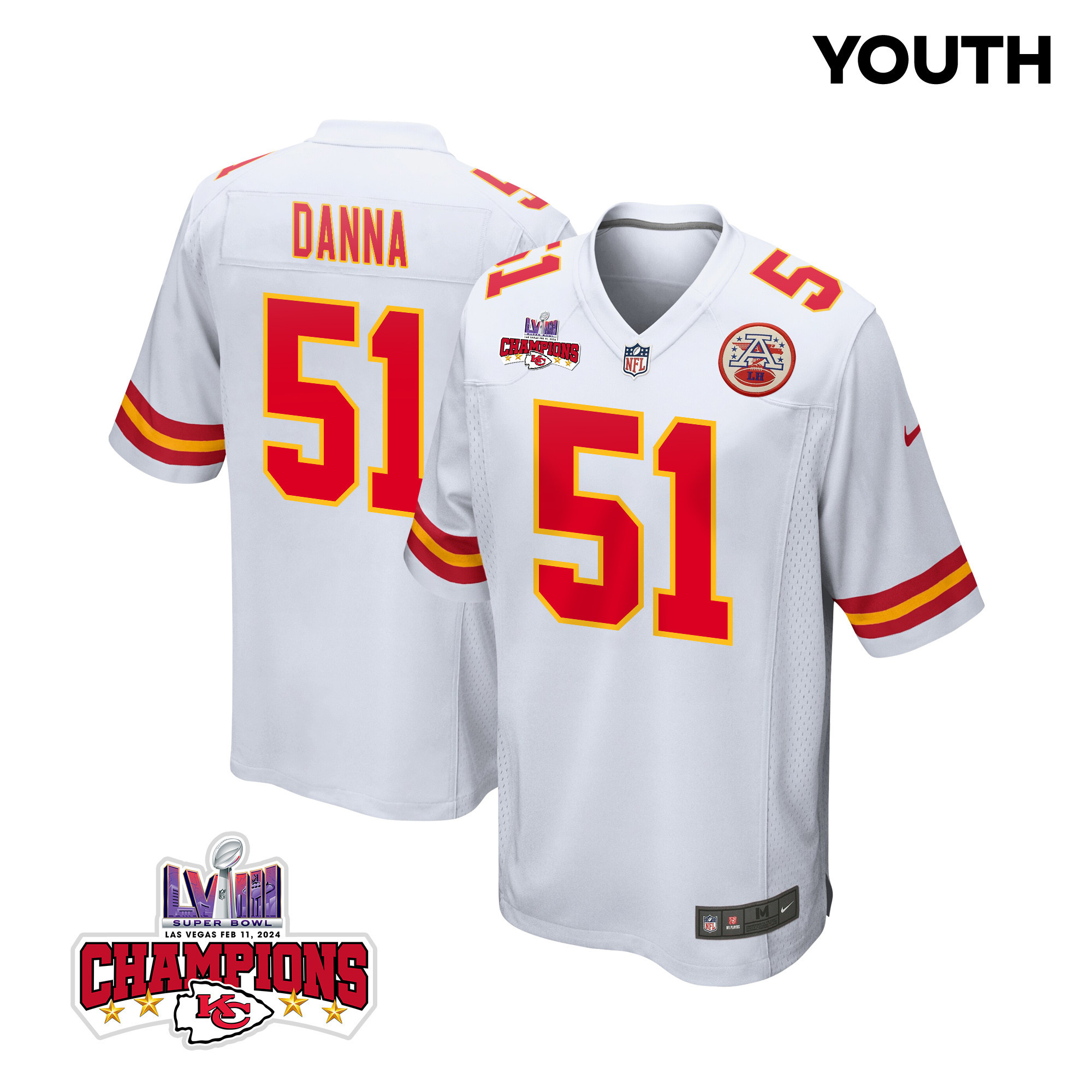Mike Danna 51 Kansas City Chiefs Super Bowl LVIII Champions 4 Stars Patch Game White NFL Jersey Youth